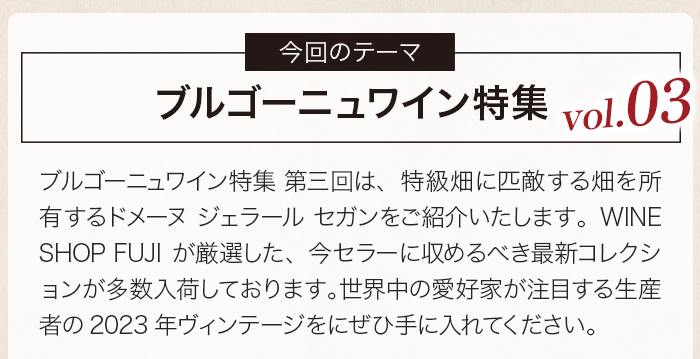 ブルゴーニュワイン特集 第三回は、特級畑に匹敵する畑を所有するドメーヌ ジェラール セガンをご紹介いたします。WINE SHOP FUJIが厳選した、今セラーに収めるべき最新コレクションが多数入荷しております。世界中の愛好家が注目する生産者の2023年ヴィンテージをにぜひ手に入れてください。