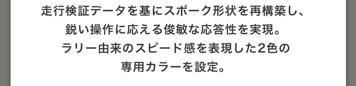 走行検証データを基にスポーク形状を再構築し、鋭い操作に応える俊敏な応答性を実現。ラリー由来のスピード感を表現した2色の専用カラーを設定。