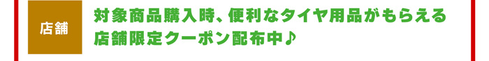 対象商品購入時、便利なタイヤ用品がもらえる店舗限定クーポン配布中♪