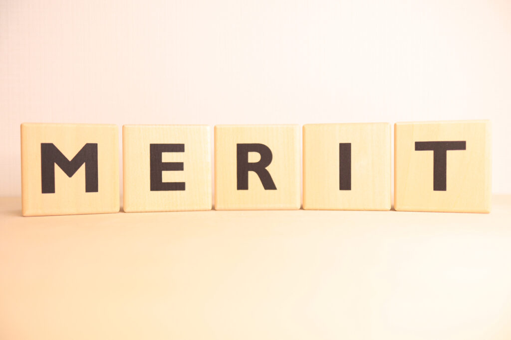 This is a wooden block of the alphabet letters of "MERIT".