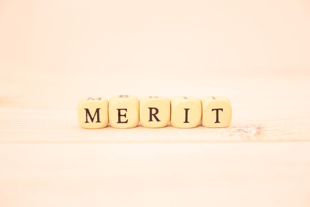 This is a cube of alphabet letters of "MERIT".