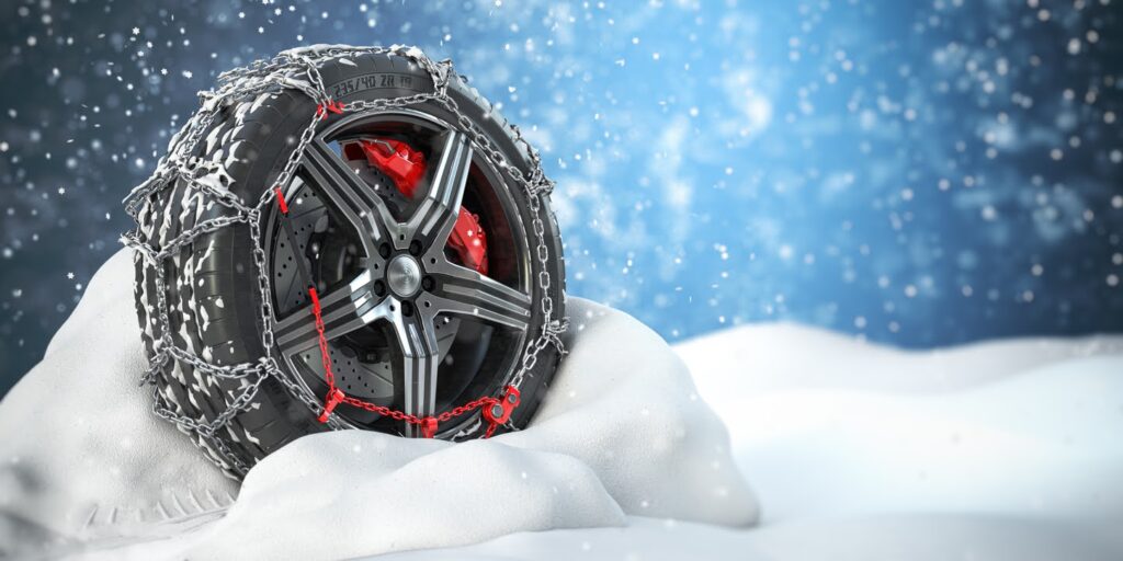 Car wheel with winter tire and snow chain in snow. 3d illustration