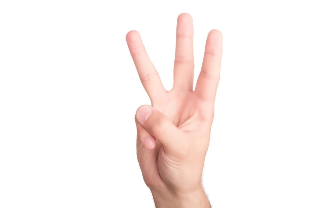 Man's hand showing number three isolated on white background