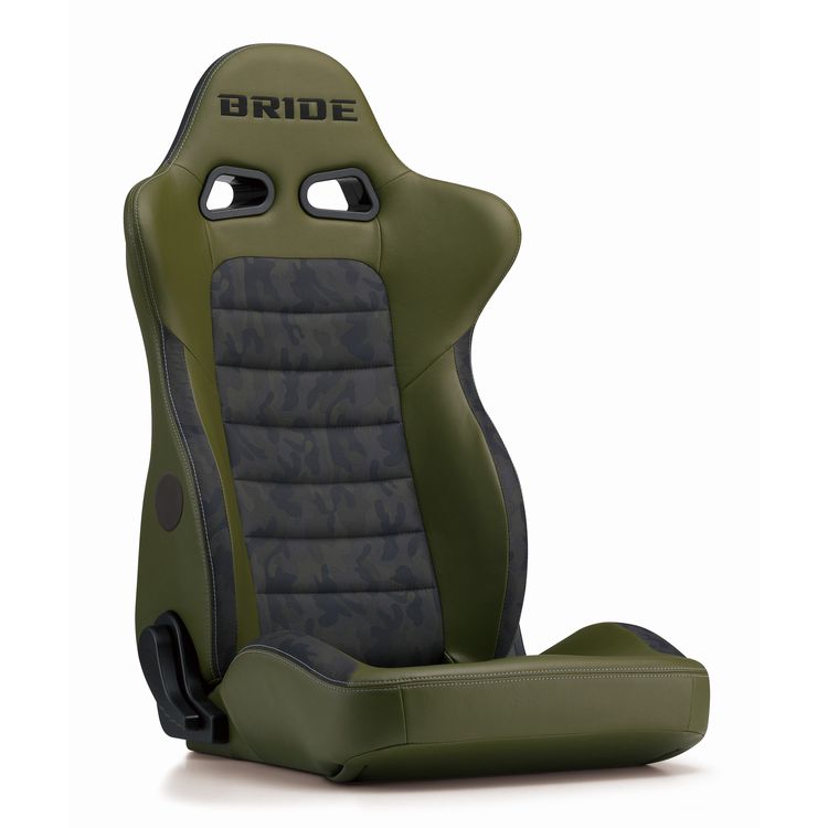 EUROGHOST X オリーブグリーン ヒーター付き リクライニングシート BRIDEリクライニングモデルの傑作 EUROSTERIIのボディにオリーブグリーンとカモフラージュ柄を組み合わせた遊び心とアクティブさを兼ね備えたミリタリーテイストのリクライニングシート 快適性を追求したシート設計 BRIDE