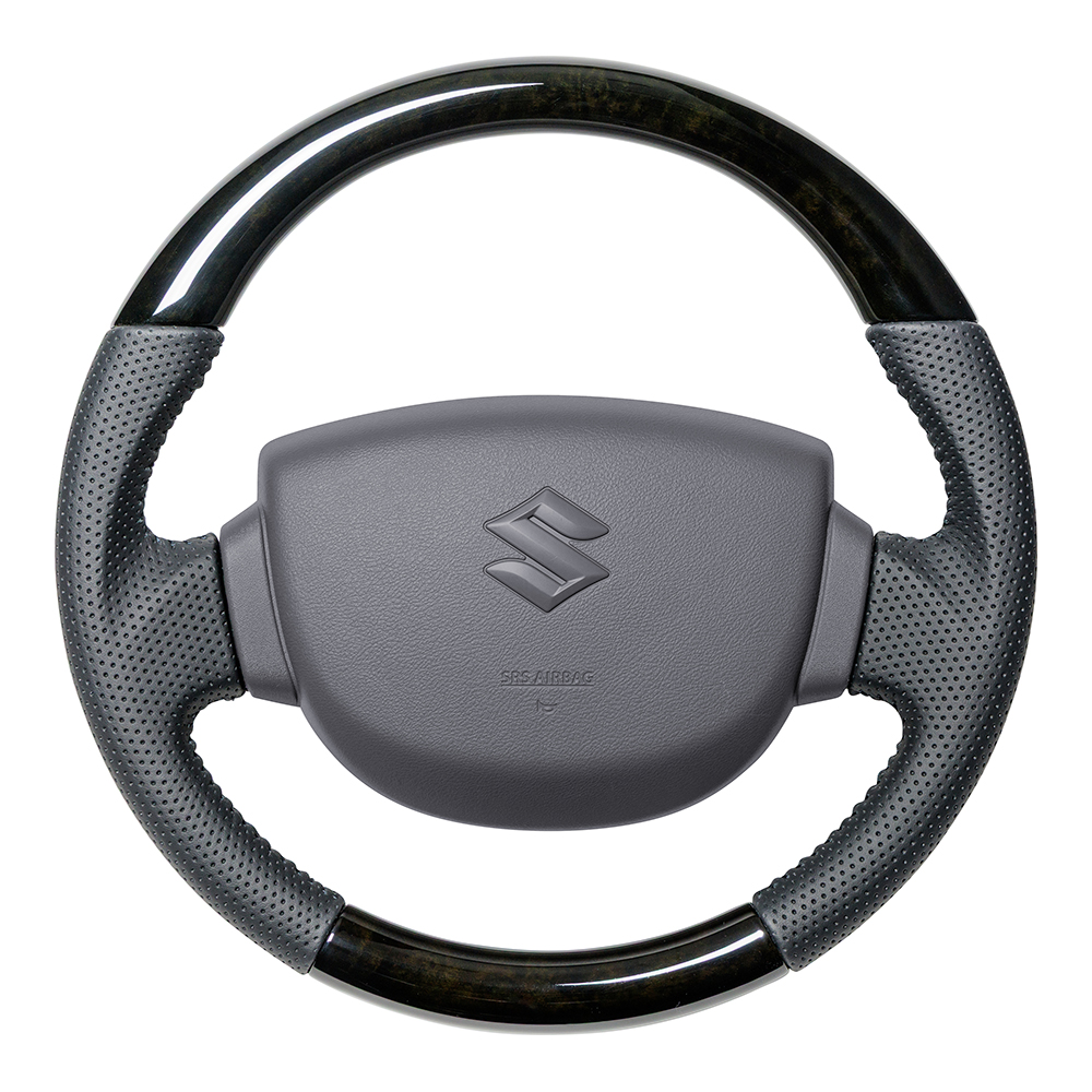 レアル ステアリング オリジナルシリーズ ラウンドシェイプ / 小径 / ガングリップ 品番：EVK-BKW-BK 適合：SUZUKI エブリイバン (DA17V) H27(2015).2～R8(2026).5 / SUZUKI キャリイトラック (DA16T) H25(2013).9～ エアバッグやパドルシフト、スイッチ、カバー類は付属しておりません。純正品を再使用してください。 REAL