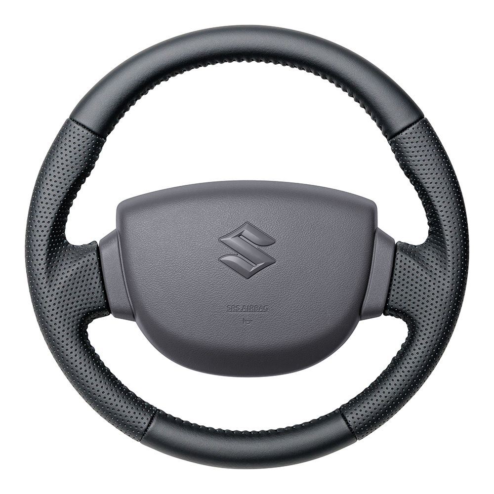 レアル ステアリング オリジナルシリーズ ラウンドシェイプ / 小径 / ガングリップ 品番：EVK-LPB-BK 適合：SUZUKI エブリイバン (DA17V) H27(2015).2～R8(2026).5 / SUZUKI キャリイトラック (DA16T) H25(2013).9～ エアバッグやパドルシフト、スイッチ、カバー類は付属しておりません。純正品を再使用してください。 REAL