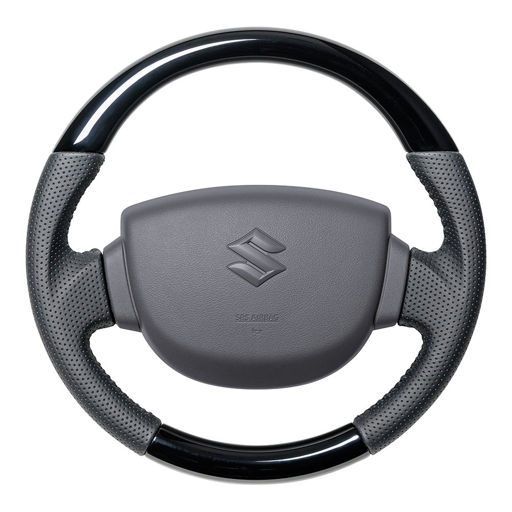 レアル ステアリング オリジナルシリーズ ラウンドシェイプ / 小径 / ガングリップ 品番：EVK-PBW-BK 適合：SUZUKI エブリイバン (DA17V) H27(2015).2～R8(2026).5 / SUZUKI キャリイトラック (DA16T) H25(2013).9～ エアバッグやパドルシフト、スイッチ、カバー類は付属しておりません。純正品を再使用してください。 REAL