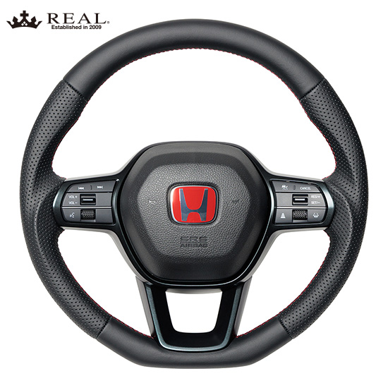 レアル ステアリング オリジナルシリーズ ソフトDシェイプ 品番：FL5-LPB-RD 適合：シビック タイプR (FL5) / CIVIC TYPE R R4(2022).9～、シビック (FL1/4) / CIVIC R3(2021).9～ 純正パーツ、純正エアバッグ、純正パドルシフト対応。純正ステアリングがステアリングヒーター付きの場合、この商品に交換するとステアリングヒーターは作動しません。 REAL