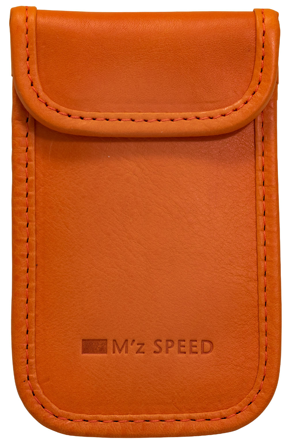 MZ SPEED エムズスピード リレーアタックガードポーチII イタリアンレザー オレンジ スマートキー専用ポーチ。スマートキーをこのポーチ内に入れることでスマートキーから発信している電波を遮断し、電波ジャックをシャットアウト。リレーアタックによる車両盗難の防止に役立ちます。  手前のポケットに収納すれば、電波を遮断しないのでスマートキーケースとしてもお使いいただけます。 MZ SPEED