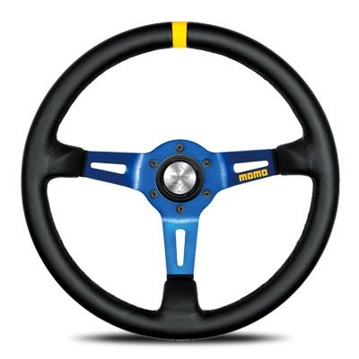 【在庫品特価】【正規品輸入品】 MOD.08 モデル08 レザー/ブルースポーク 35Φ M-59 ホーンボタンHB-18が付属します。ボス（ハブ）・アースリング・配線・取付ビス・レンチは付属しません。ボス（ハブ）側の付属品をご利用下さい。 MOMO