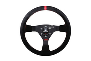 BLITZ×OMPステアリングホイール スエード 13520 サイズ ： 外径 350mm / 奥行き 70mm / グリップ径 30mm 付属品 ： ステアリング本体、ホーンボタン 素材：アルミ、スチール、レザー BLITZ 