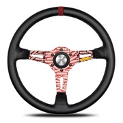 【正規品輸入品】 ULTRA JPN RED BLACK LEATHER ウルトラ ジャパン レッド ブラック レザー UJ-03 ホーンボタンHB-18が付属します。ボス（ハブ）・アースリング・配線・取付ビス・レンチは付属しません。ボス（ハブ）側の付属品をご利用下さい。 MOMO 