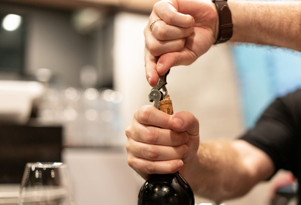 Bartender, Opening, Red Wine, Wineglass, Cork